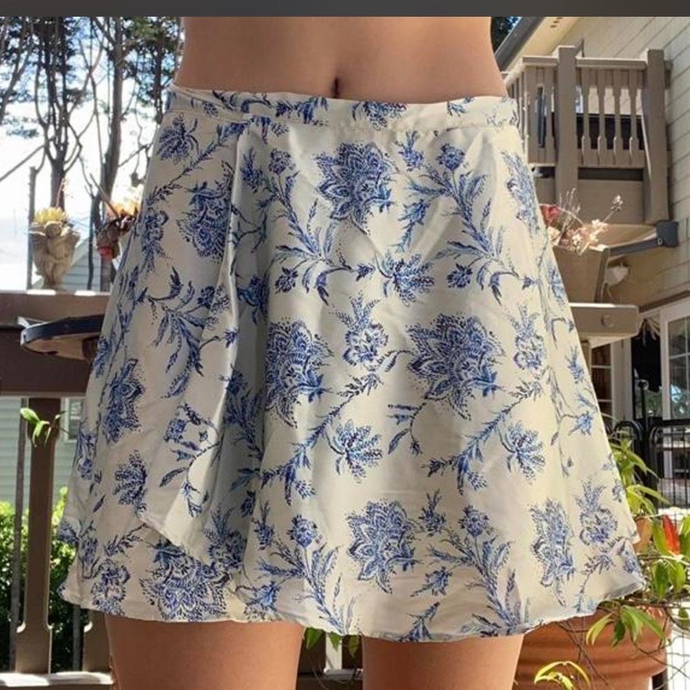 Urban Outfitters Cream Mini Skirt with Blue Floral Print